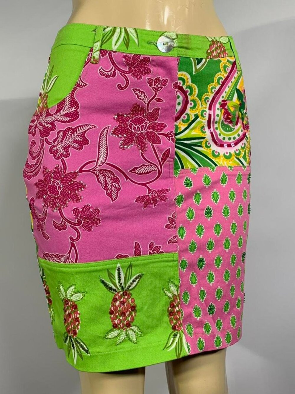HavenBleu Patchwork Floral Skirt Pink Green Stretch Small